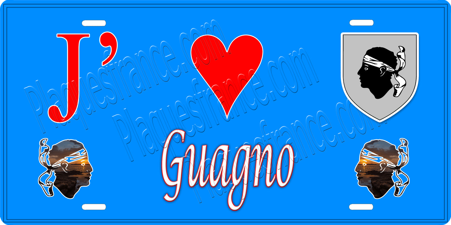 Plaque métal décorative 15 x 30 cm bleu J' ❤️ Guagno Canton de Sevi-Sorru-Cinarca Corse du Sud - Plaquesfrance.com