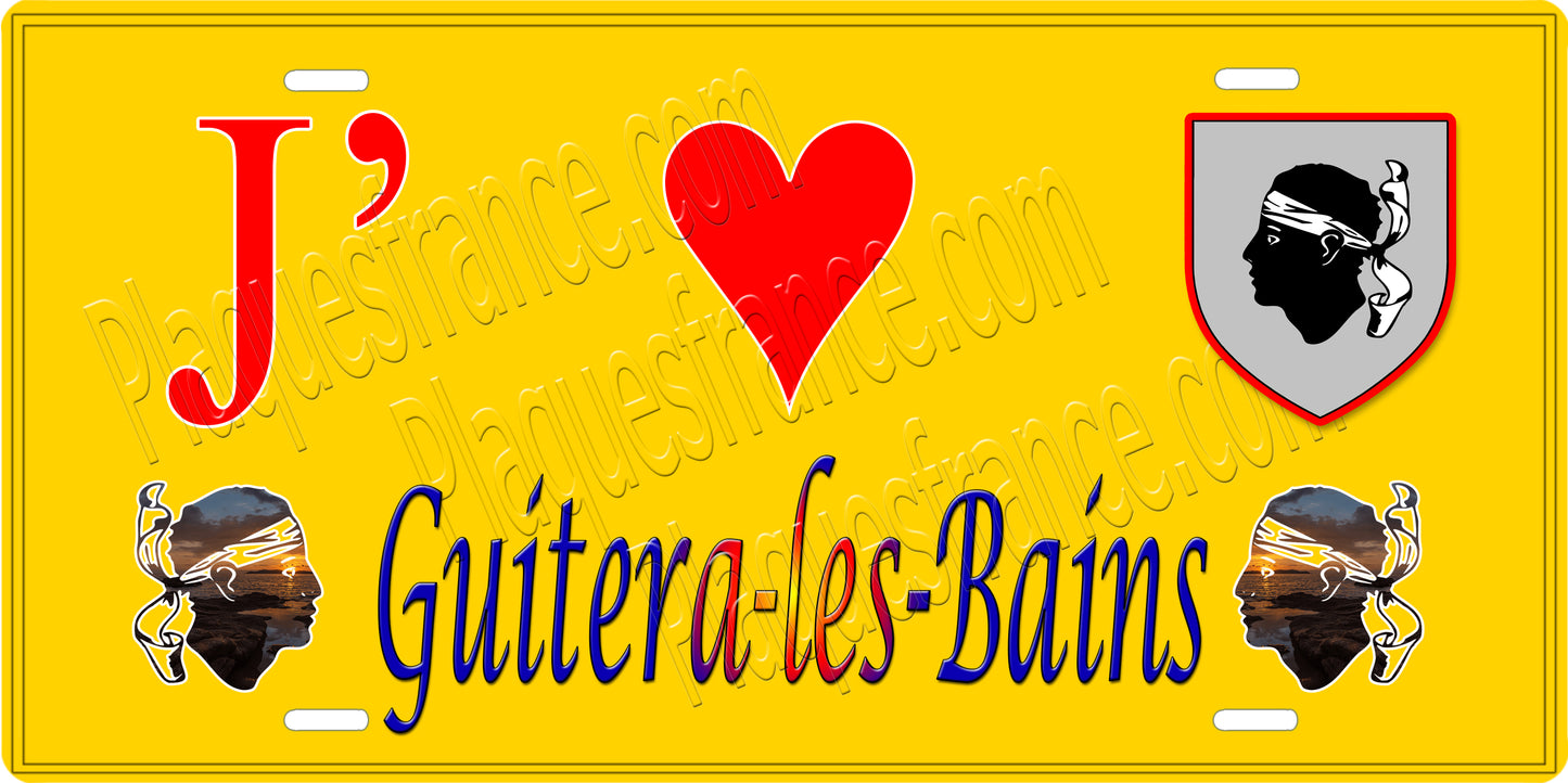 Plaque métal décorative 15 x 30 cm jaune J' ❤️ Guitera les Bains canton de Taravo-Ornano Corse du Sud - Plaquesfrance.com