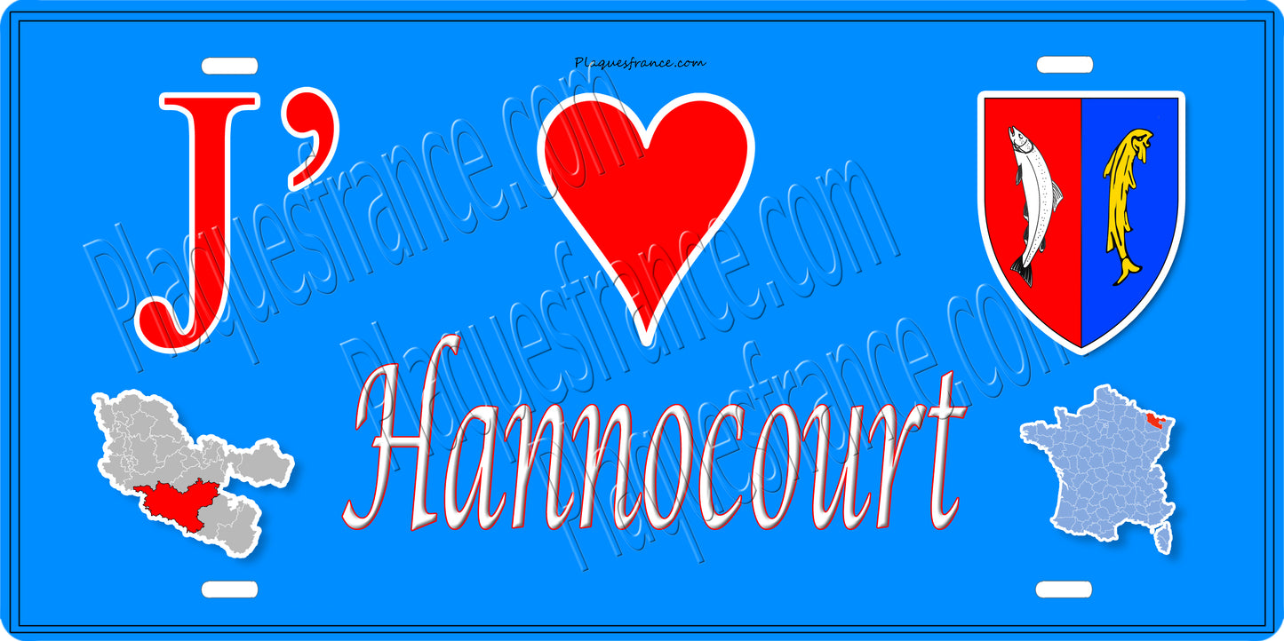 Plaque métal décorative 15 x 30 cm mur bleu carte J' ❤️ Hannocourt, canton du Saulnois Moselle 57