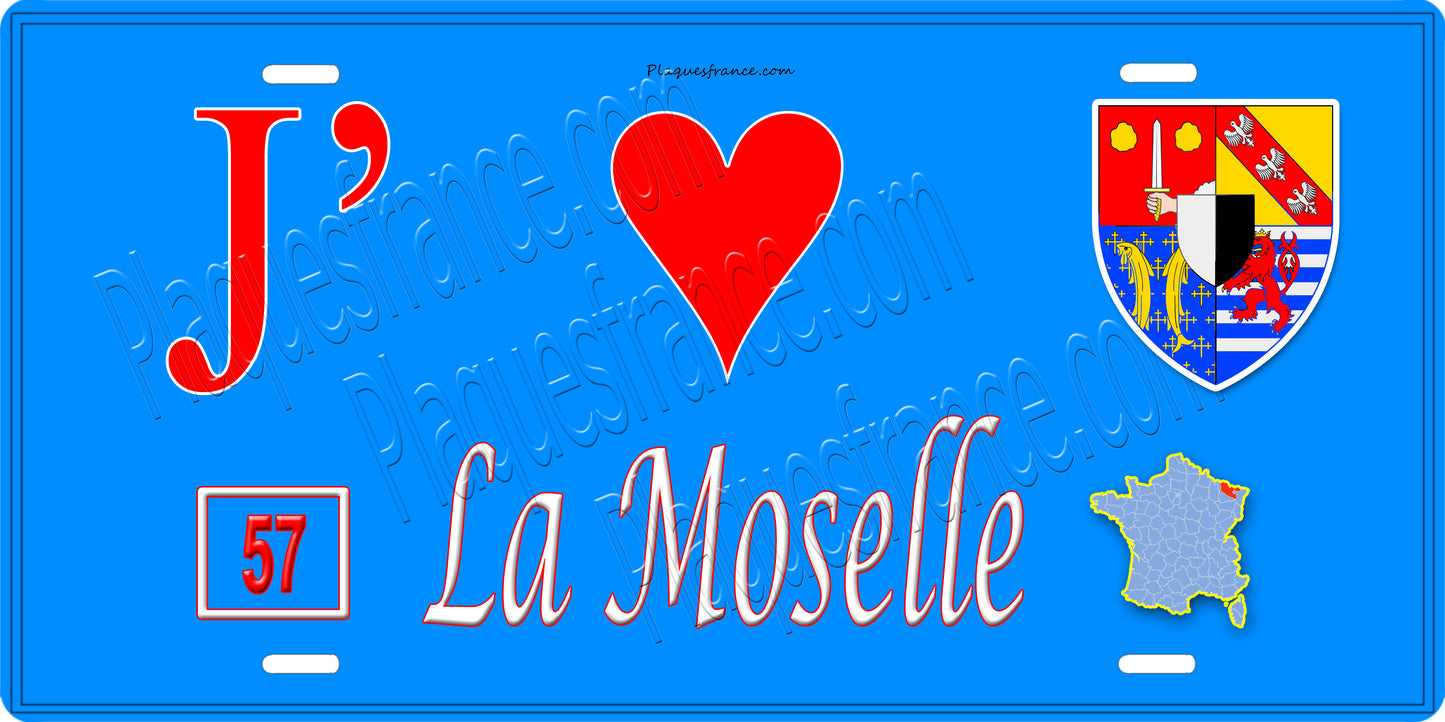 Plaque métal décorative 15x30cm fond bleu J' ❤️la Moselle 57+carte