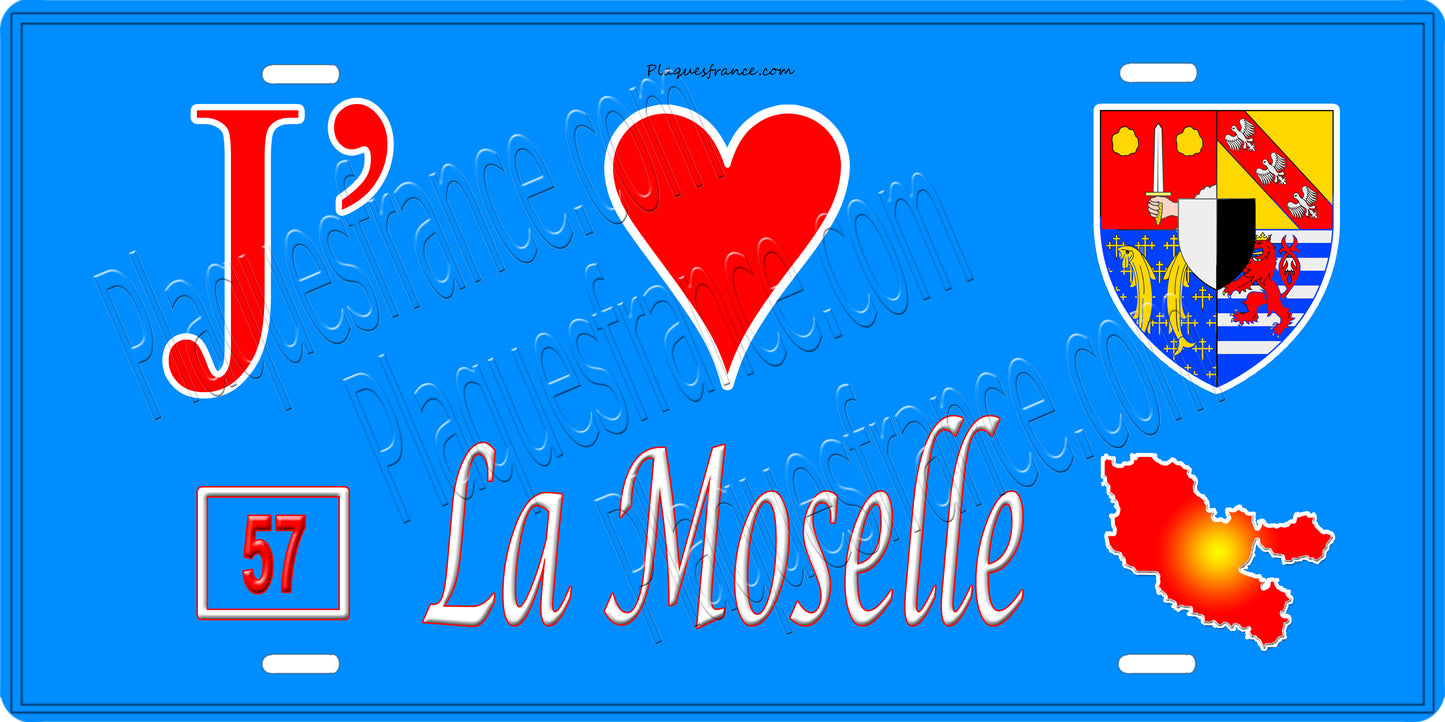 Plaque métal décorative 15x30cm fond bleu J' ❤️la Moselle 57+carte Moselle