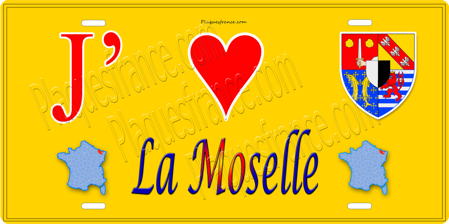 Plaque métal décorative 15x30cm fond jaune J' ❤️la Moselle carte france