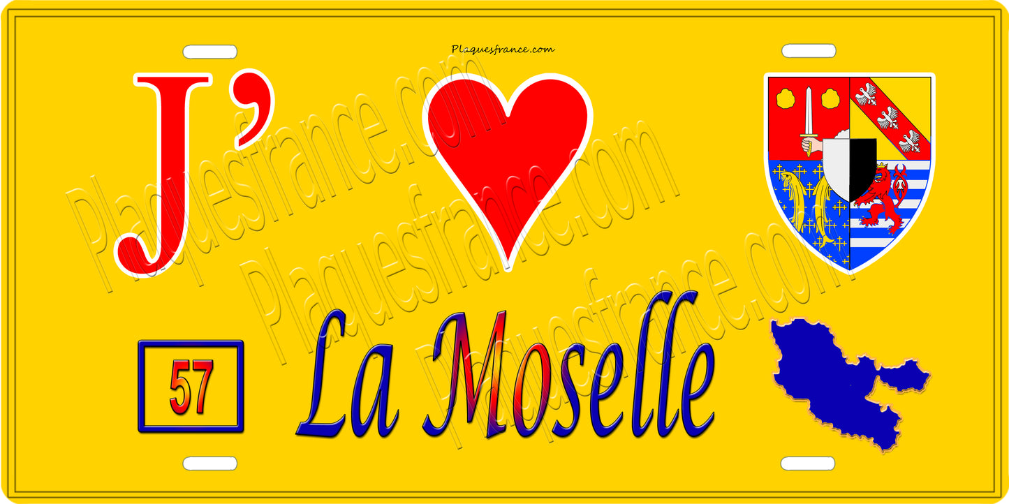 Plaque métal décorative 15x30cm fond bleu J' ❤️la Moselle 57+carte Moselle