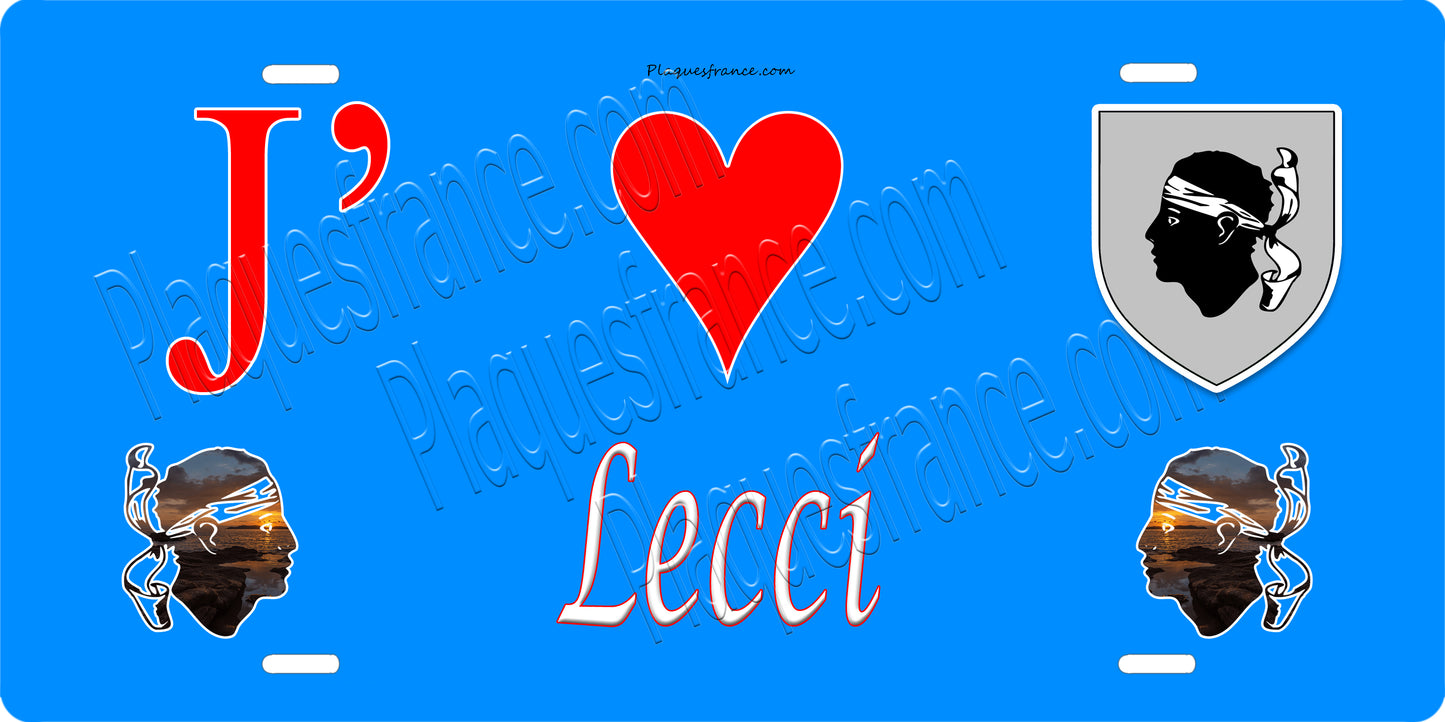 Plaque métal décorative 15 x 30 cm bleu J' ❤️ Lecci canton du Bavela Corse du Sud