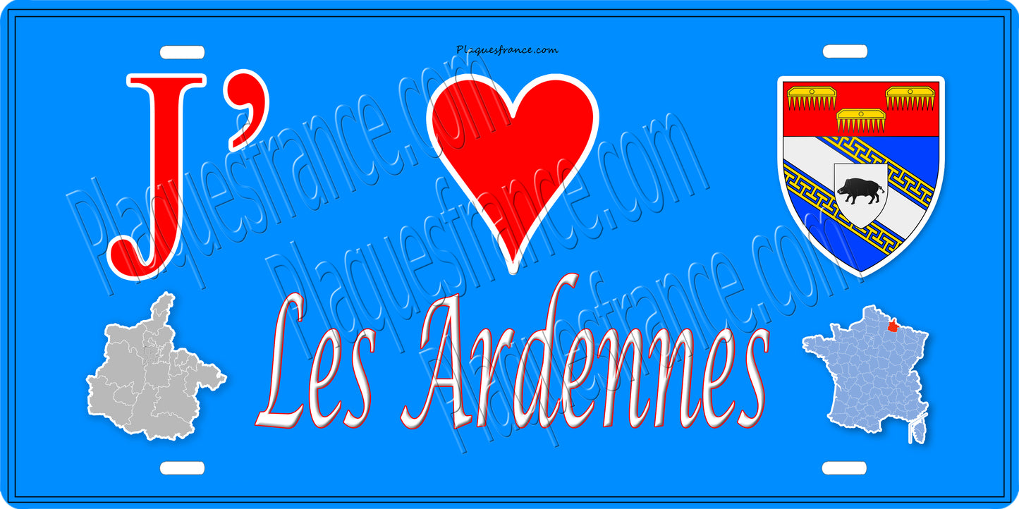 Plaque métal décorative, J' ❤️les Ardennes (08) fond mur bleu cartes