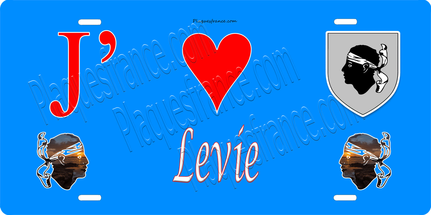 Plaque métal décorative 15 x 30 cm bleu J' ❤️ Levie canton du Grand-Sud Corse du Sud