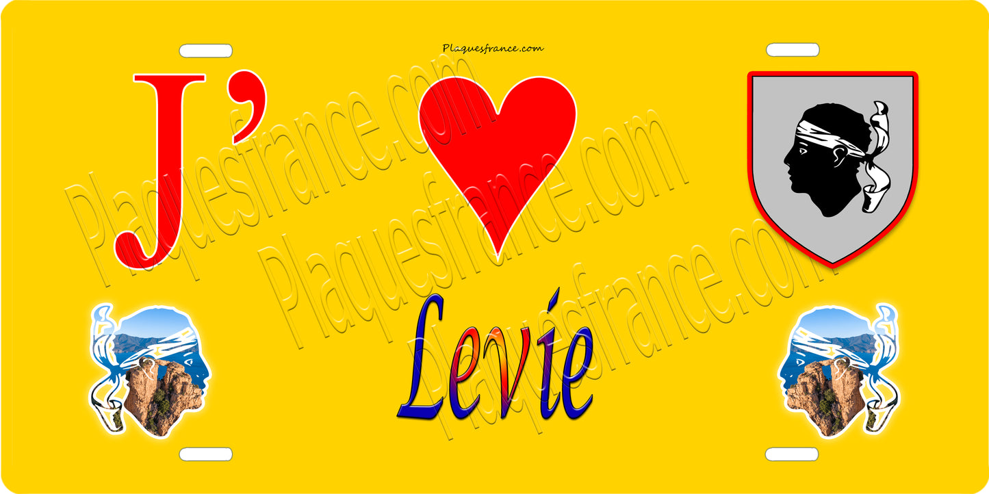 Plaque métal décorative 15 x 30 cm jaune J' ❤️ Levie canton du Grand-Sud Corse du Sud