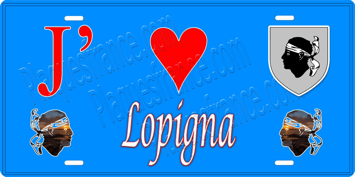 Plaque métal décorative 15 x 30 cm bleu J' ❤️ Lopigna Canton de Sevi-Sorru-Cinarca Corse du Sud