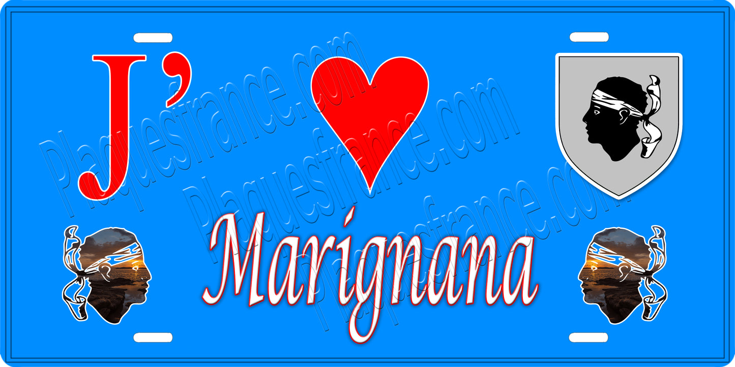 Plaque métal décorative 15 x 30 cm bleu J' ❤️ Marignana Canton de Sevi-Sorru-Cinarca Corse du Sud
