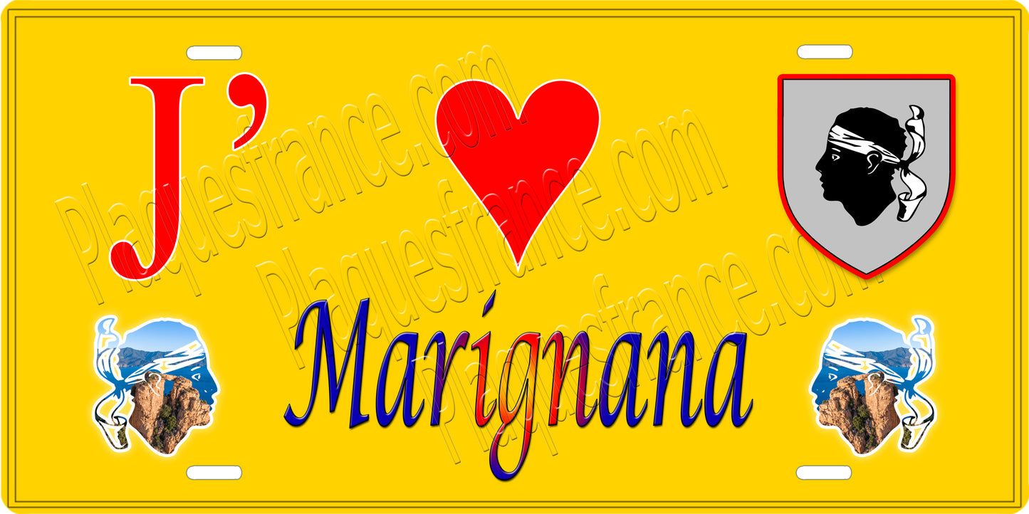 Plaque métal décorative 15 x 30 cm jaune J' ❤️ Marignana Canton de Sevi-Sorru-Cinarca Corse du Sud
