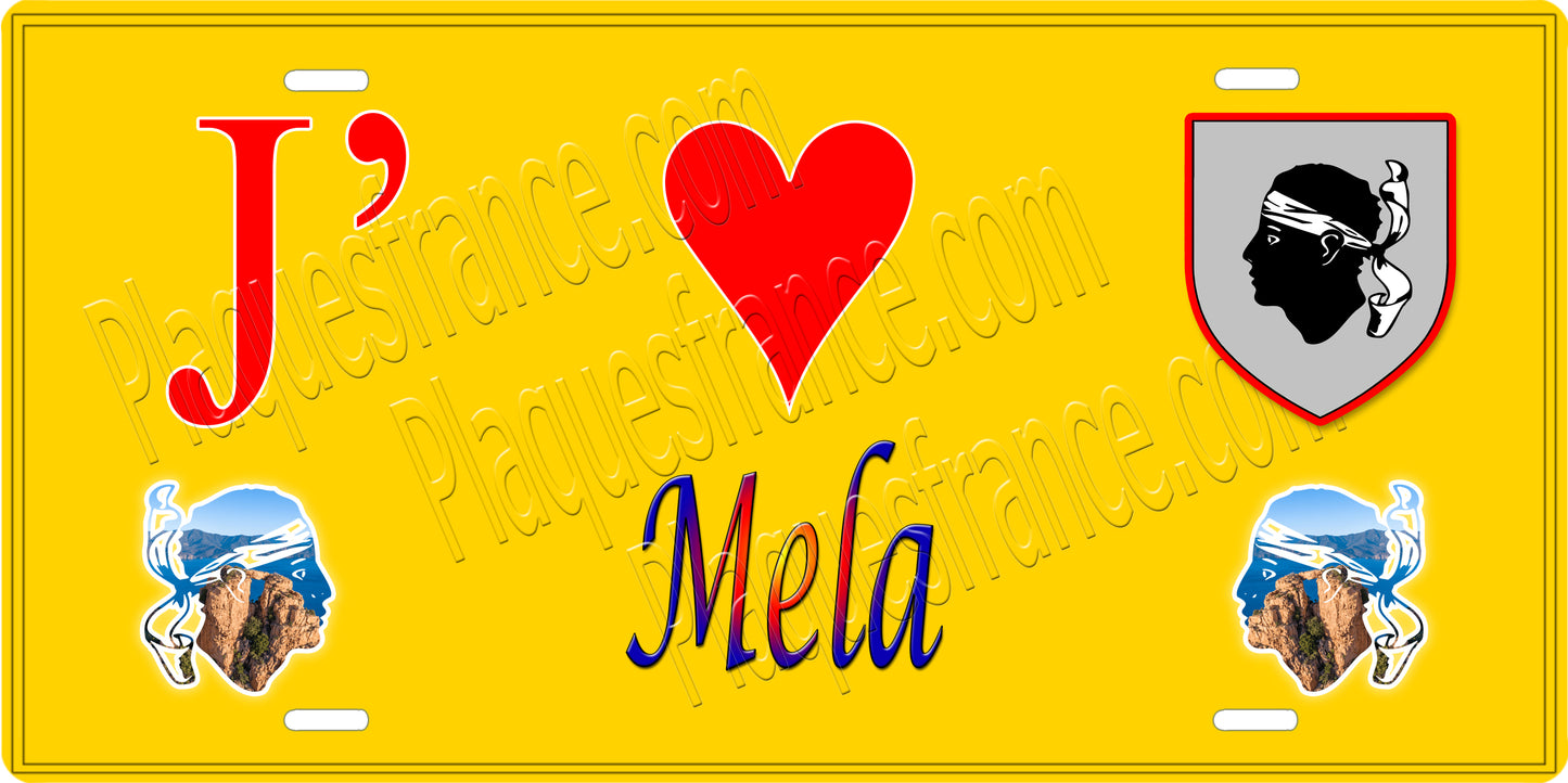 Plaque métal décorative 15 x 30 cm jaune J' ❤️ Mela canton du Sartenais-Valinco Corse du Sud - Plaquesfrance.com