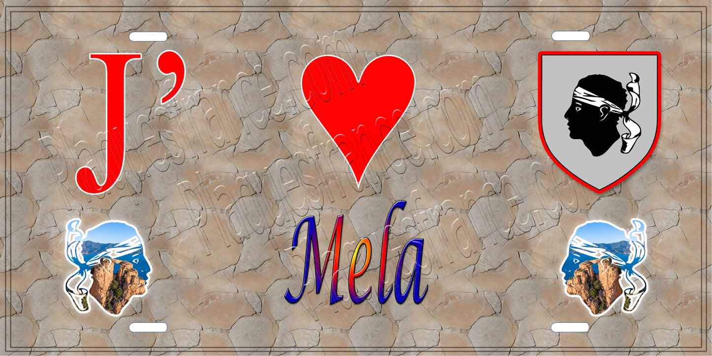 Plaque métal décorative 15 x 30 cm mur antique J' ❤️ Mela canton du Sartenais-Valinco Corse du Sud - Plaquesfrance.com