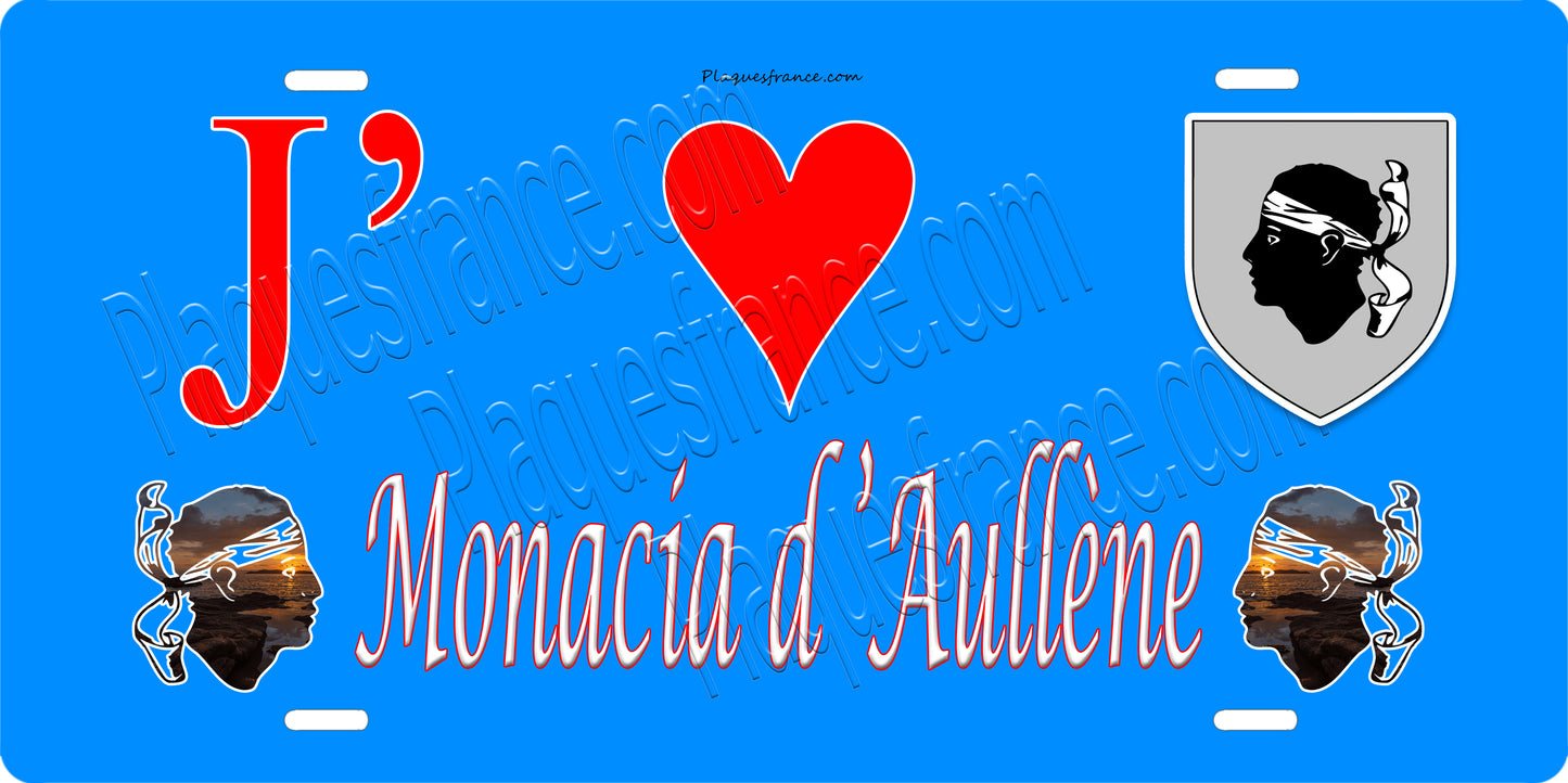 Plaque métal décorative 15 x 30 cm bleu J' ❤️ Monacia d'Aullène canton du Grand-Sud Corse du Sud