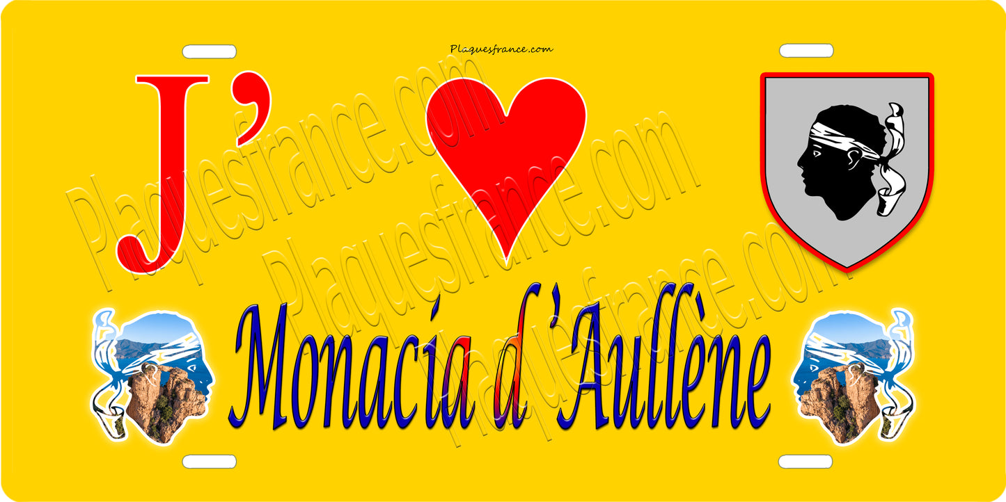 Plaque métal décorative 15 x 30 cm jaune J' ❤️ Monacia d'Aullène canton du Grand-Sud Corse du Sud