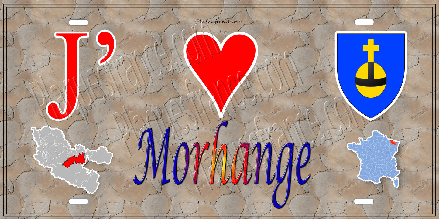 Plaque métal décorative 15 x 30 cm fond mur antique carte J' ❤️ Morhange, canton Sarralbe Moselle 57