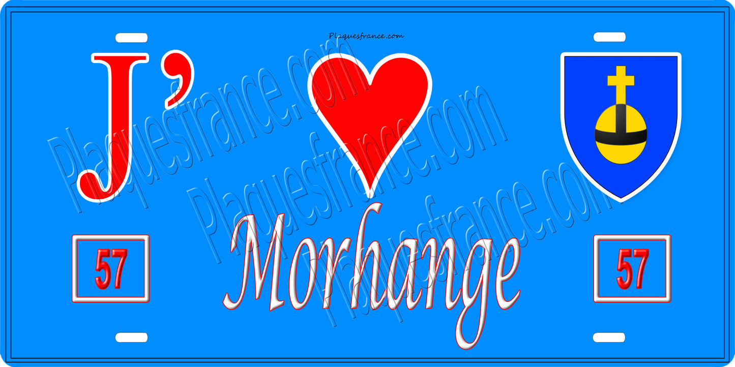 Plaque métal décorative 15 x 30 cm fond mur bleu carte J' ❤️ Morhange, canton Sarralbe Moselle 57