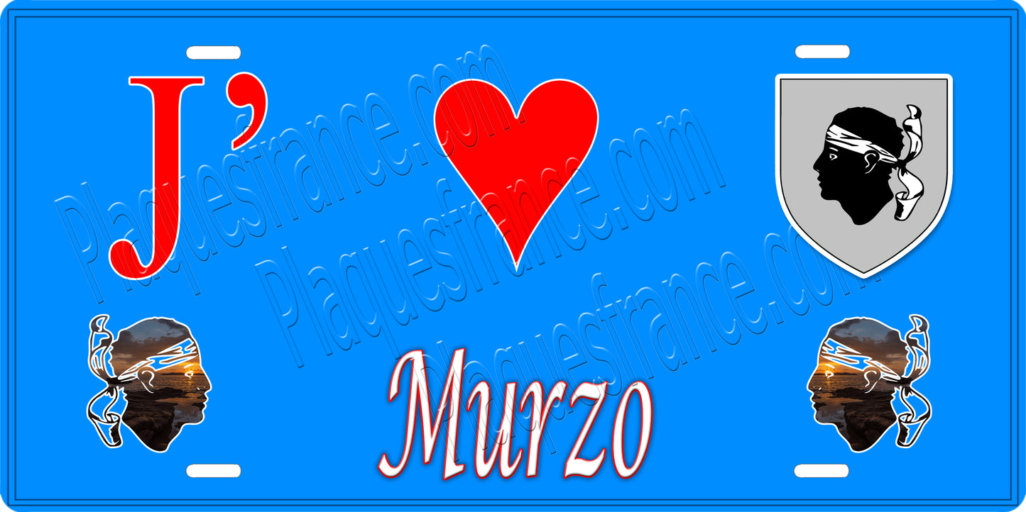 Plaque métal décorative 15 x 30 cm bleu J' ❤️ Murzo Canton de Sevi-Sorru-Cinarca Corse du Sud
