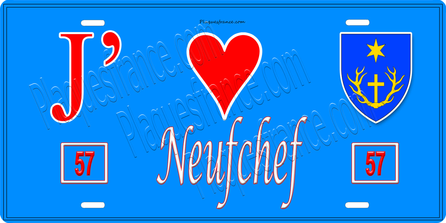 Plaque métal décorative 15 x 30 cm fond bleu 57 J' ❤️ Neufchef, canton de Algrange Moselle 57