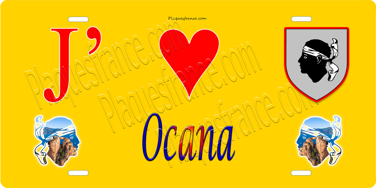 Plaque métal décorative 15 x 30 cm jaune J' ❤️ Ocana canton du Gravona-Prunelli Corse du Sud