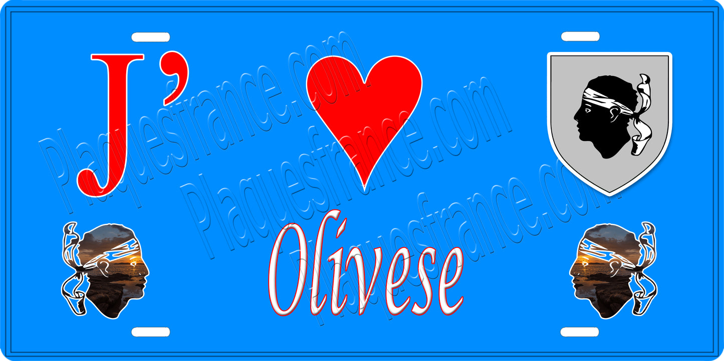 Plaque métal décorative 15 x 30 cm bleu J' ❤️ Olivese canton de Taravo-Ornano Corse du Sud