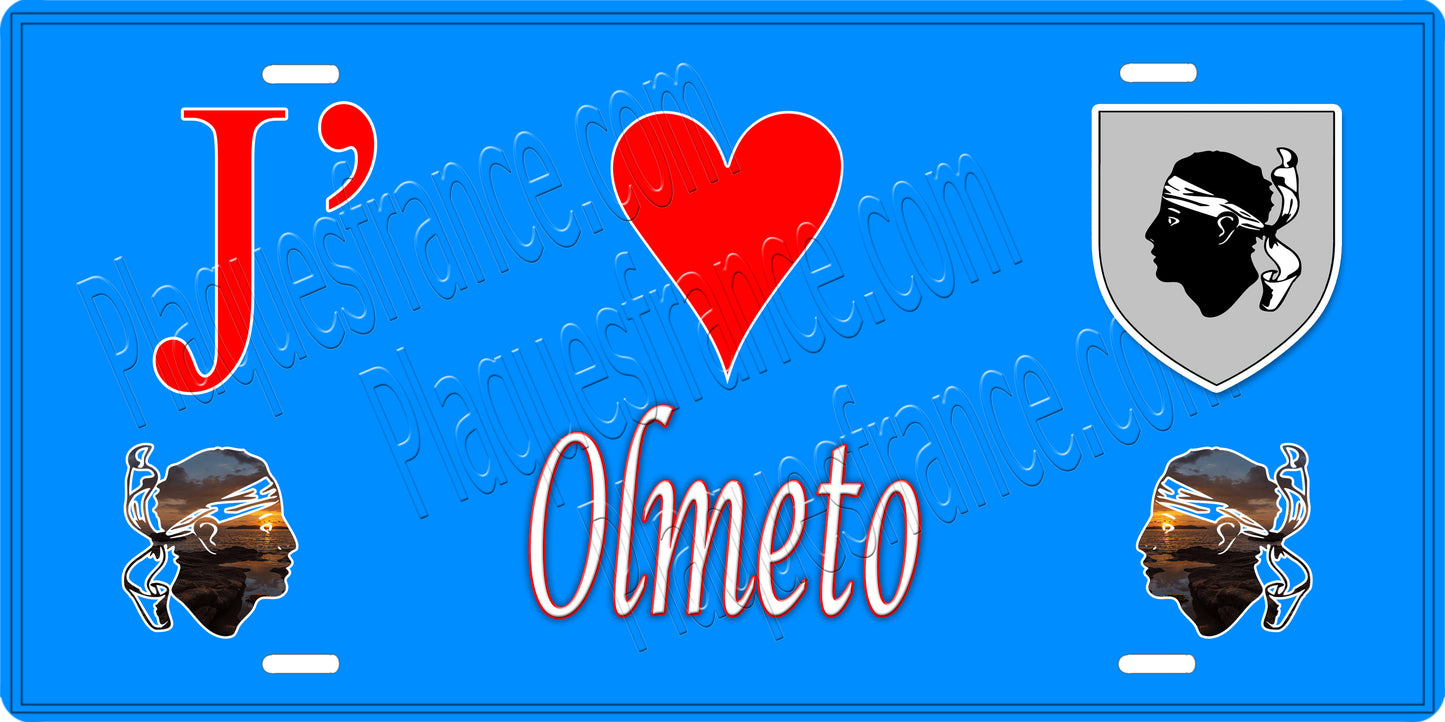 Plaque métal décorative 15 x 30 cm bleu J' ❤️ Olmeto canton du Sartenais-Valinco Corse du Sud