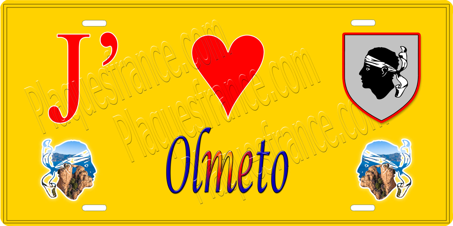 Plaque métal décorative 15 x 30 cm jaune J' ❤️ Olmeto canton du Sartenais-Valinco Corse du Sud - Plaquesfrance.com
