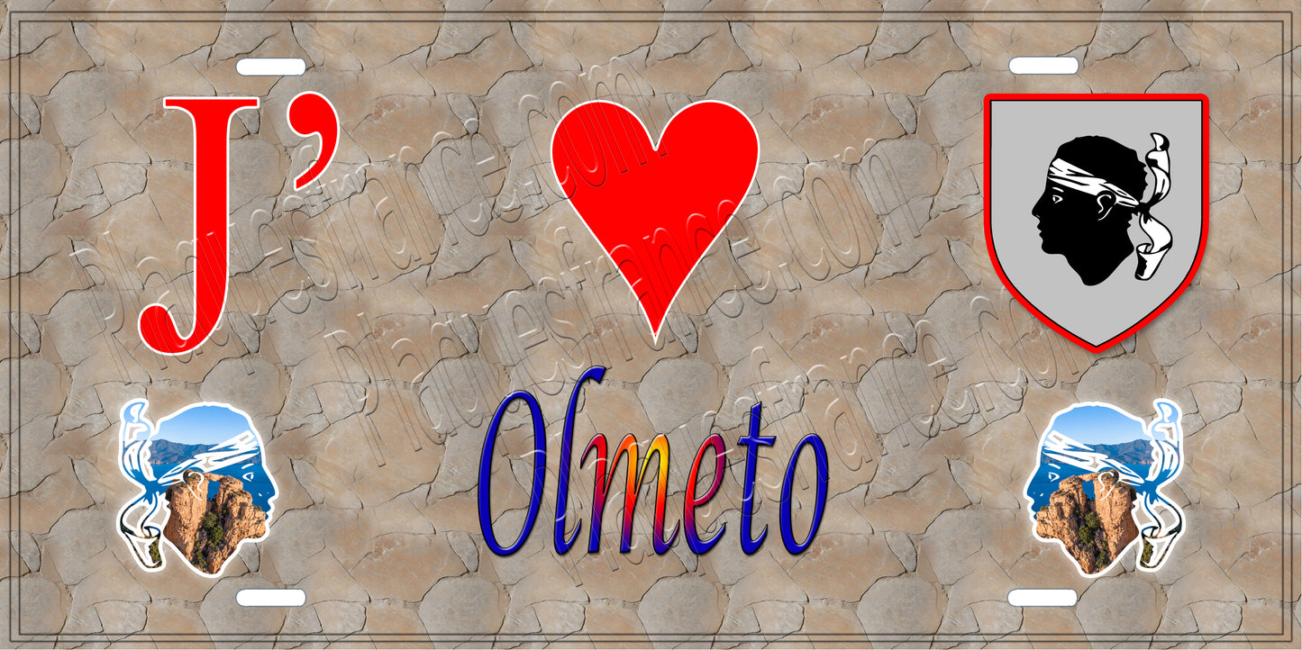 Plaque métal décorative 15 x 30 cm mur antique J' ❤️ Olmeto canton du Sartenais-Valinco Corse du Sud - Plaquesfrance.com