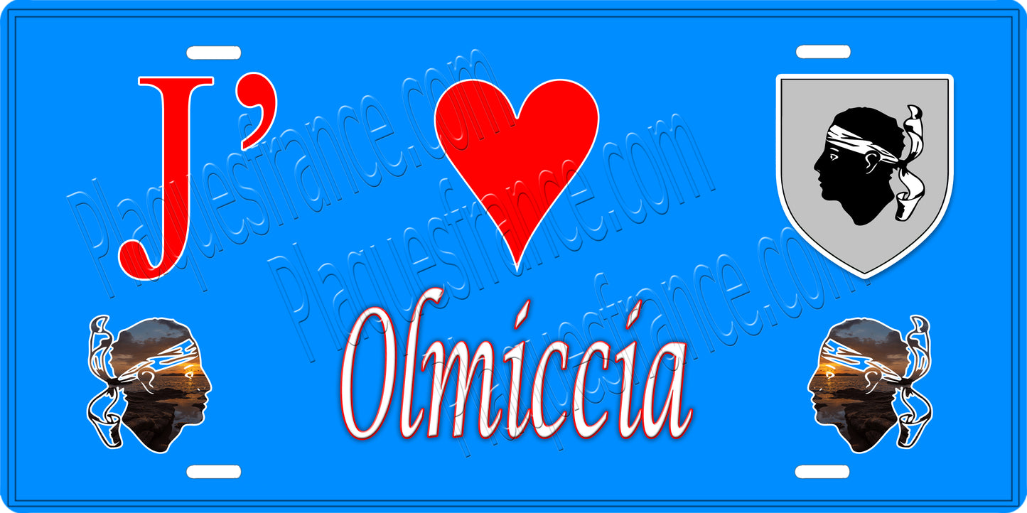Plaque métal décorative 15 x 30 cm bleu J' ❤️ Olmiccia canton du Sartenais-Valinco Corse du Sud