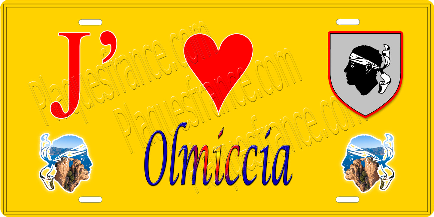 Plaque métal décorative 15 x 30 cm jaune J' ❤️ Olmiccia canton du Sartenais-Valinco Corse du Sud