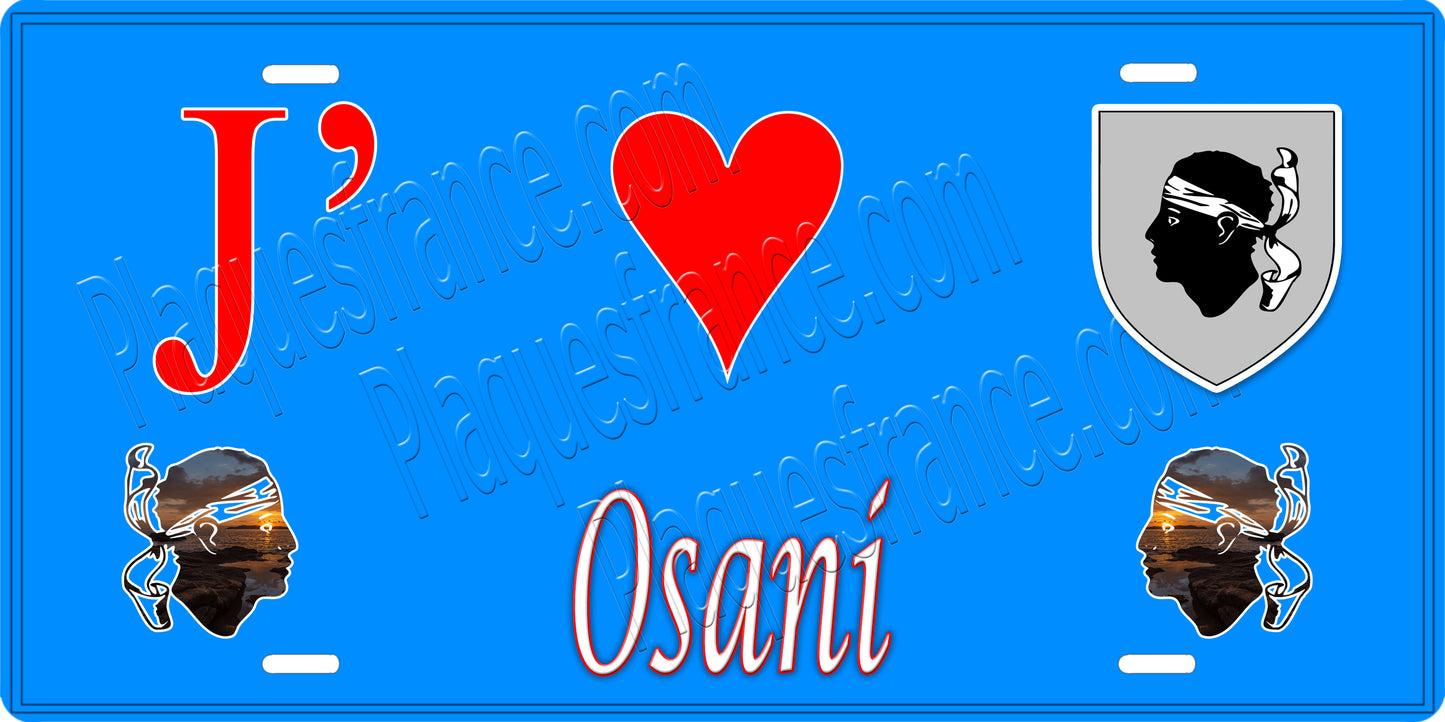 Plaque métal décorative 15 x 30 cm bleu J' ❤️ Osani Canton de Sevi-Sorru-Cinarca Corse du Sud - Plaquesfrance.com
