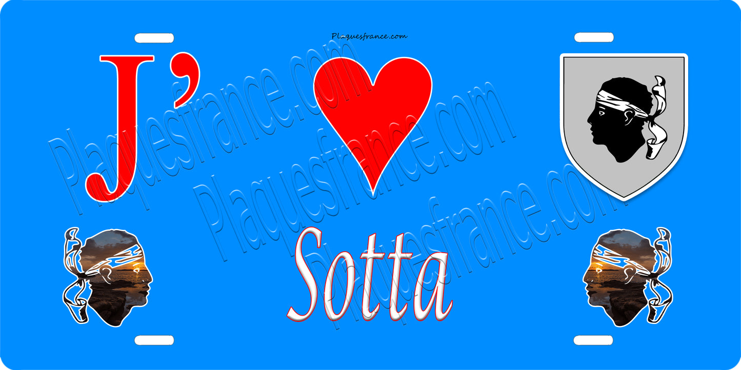 Plaque métal décorative 15 x 30 cm bleu J' ❤️ Sotta canton du Grand-Sud Corse du Sud