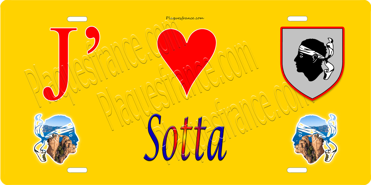 Plaque métal décorative 15 x 30 cm jaune J' ❤️ Sotta canton du Grand-Sud Corse du Sud
