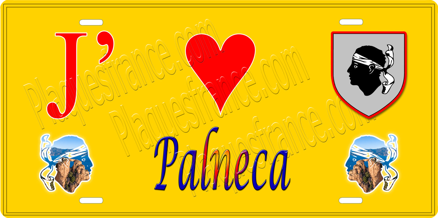 Plaque métal décorative 15 x 30 cm jaune J' ❤️ Palneca canton de Taravo-Ornano Corse du Sud - Plaquesfrance.com