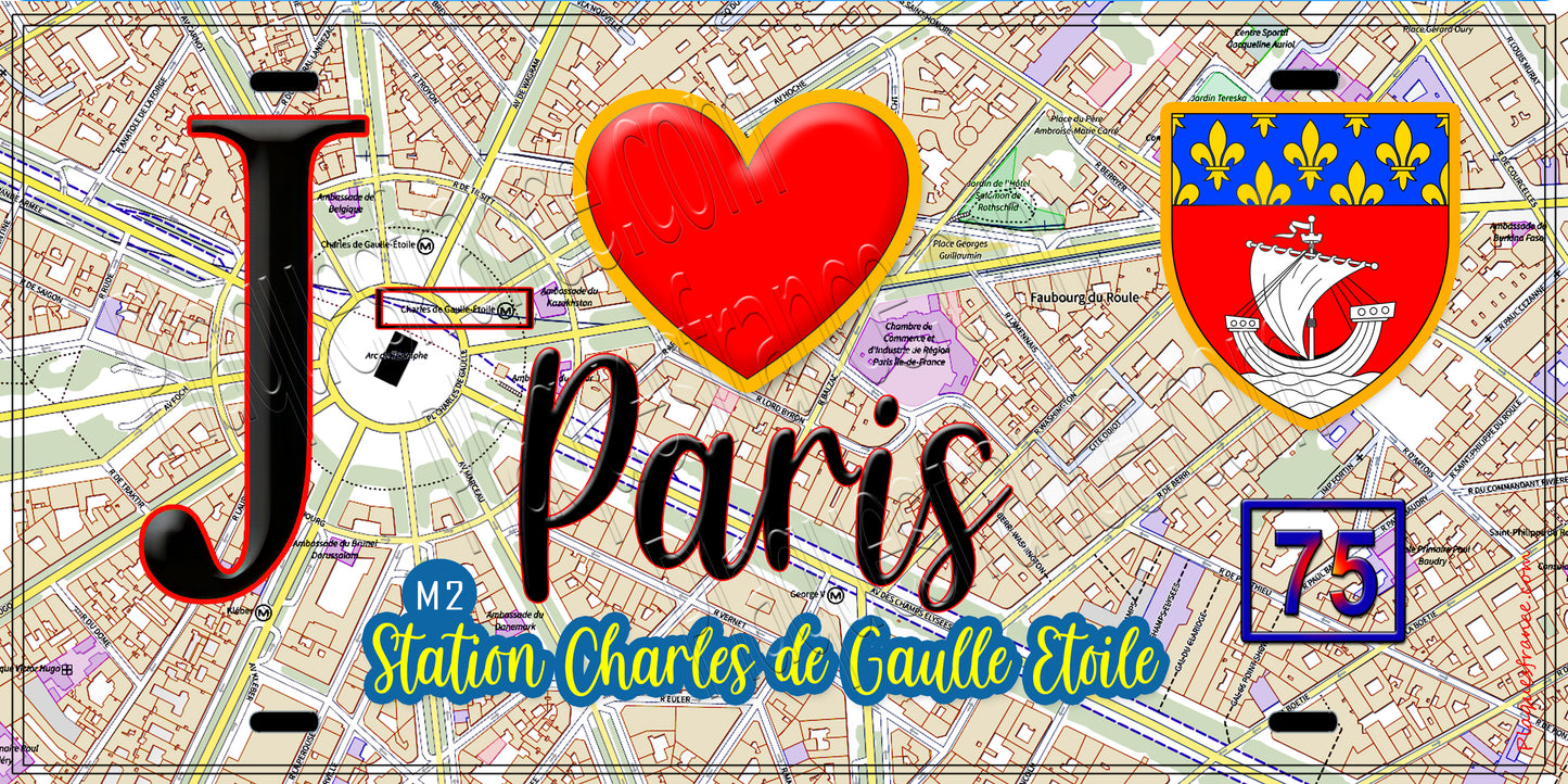 Plaque métal décorative J' ❤️ Paris : Métro Station Charles‑de‑Gaulle–Étoile
