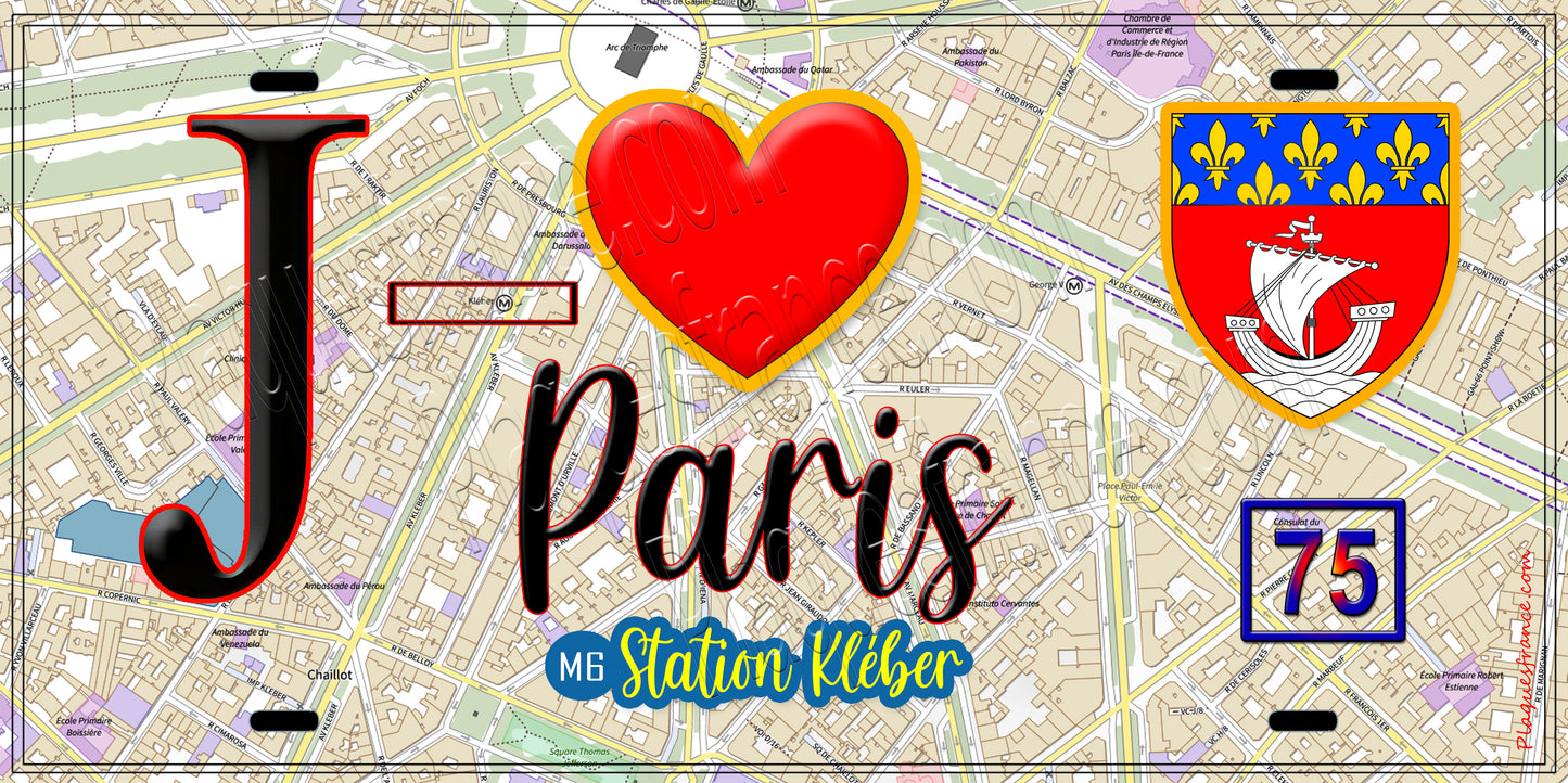 Plaque métal décorative J' ❤️ Paris : Métro Station Kléber