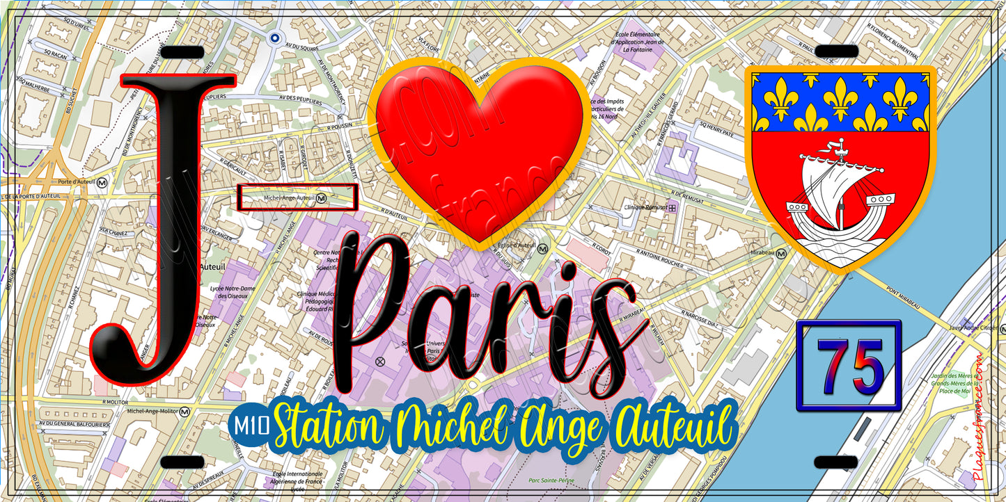 Plaque métal décorative J' ❤️ Paris : Métro Station Michel‑Ange – Auteuil