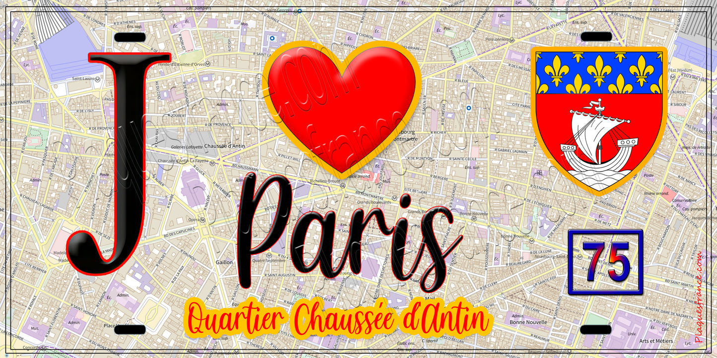 Plaque métal décorative J' ❤️ Paris : Quartier Chaussée-d'Antin