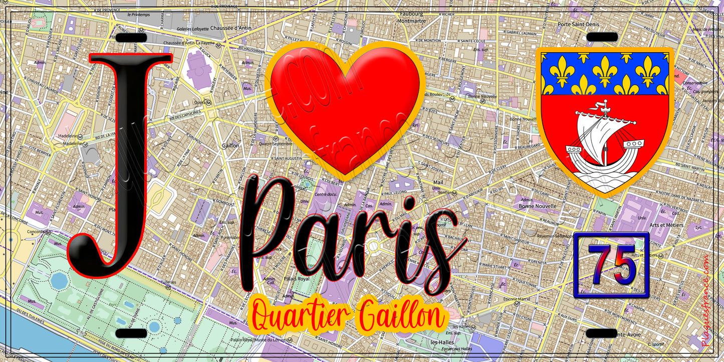Plaque métal décorative J' ❤️ Paris : Quartier Gaillon