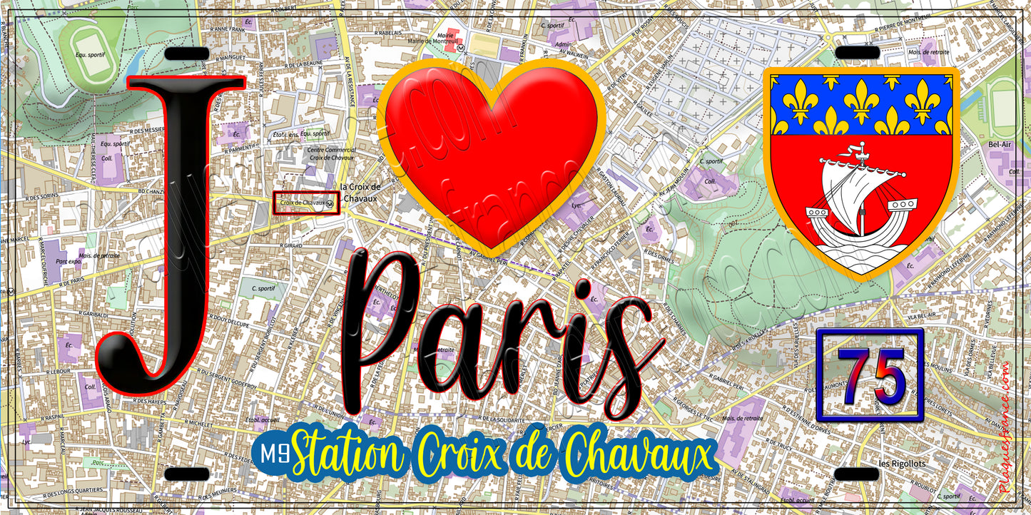 Plaque métal décorative J' ❤️ Paris : Métro Station Croix de Chavaux