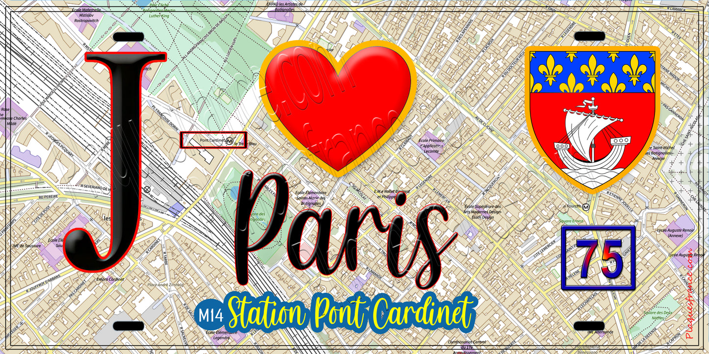 Plaque métal décorative J' ❤️ Paris : Métro Station Pont Cardinet