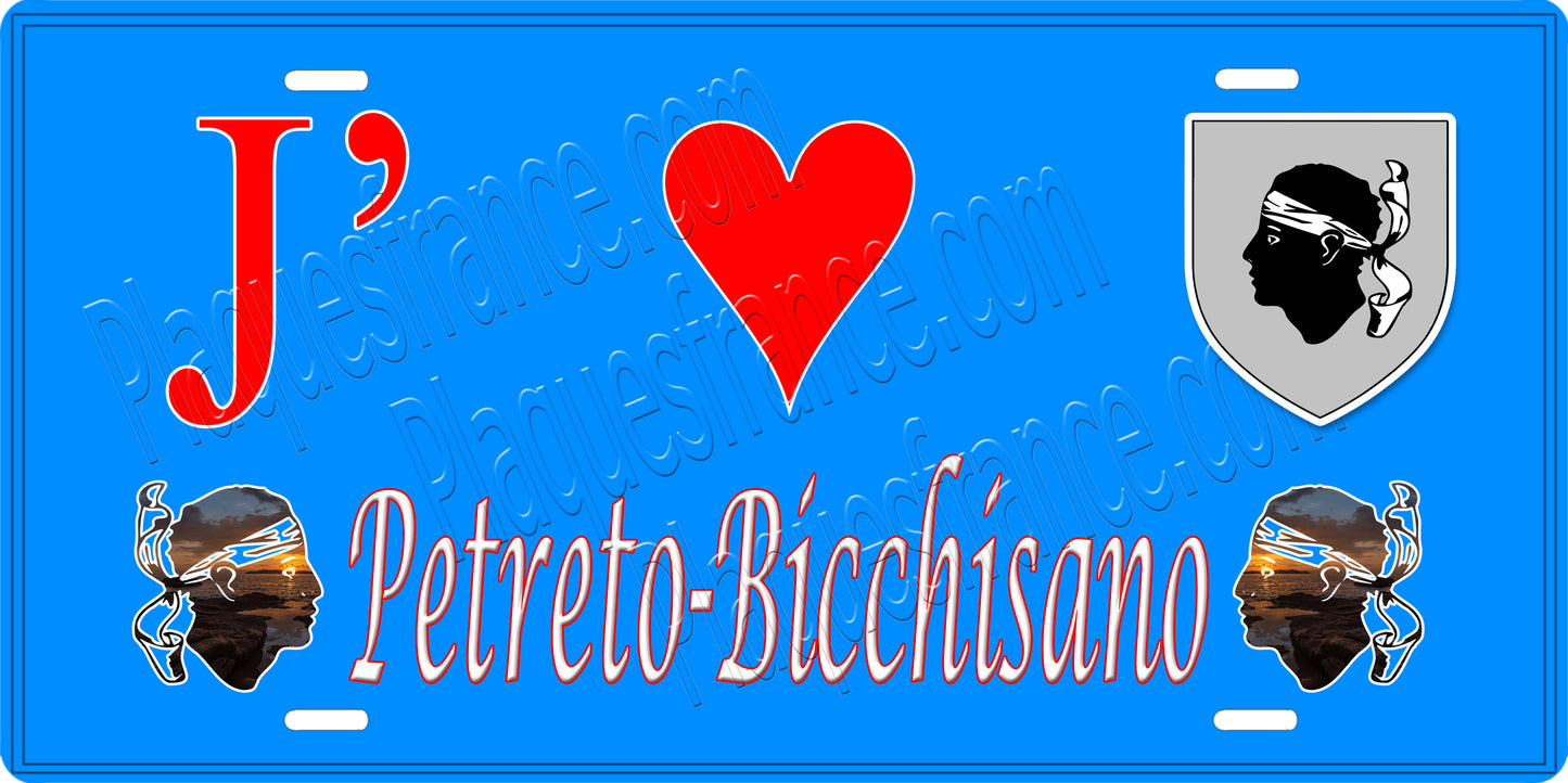 Plaque métal décorative 15 x 30 cm bleu J' ❤️ Petreto canton de Taravo-Ornano Corse du Sud