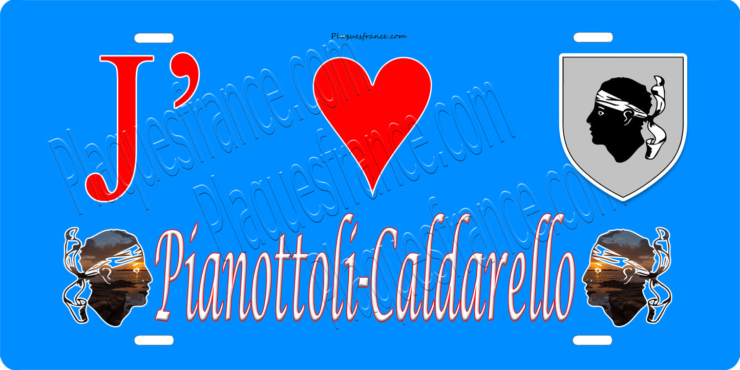 Plaque métal décorative 15 x 30 cm bleu J' ❤️ Pianottoli Caldarello canton du Grand-Sud Corse du Sud