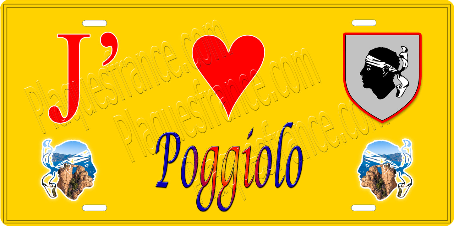 Plaque métal décorative 15 x 30 cm jaune J' ❤️ Poggiolo Canton de Sevi-Sorru-Cinarca Corse du Sud