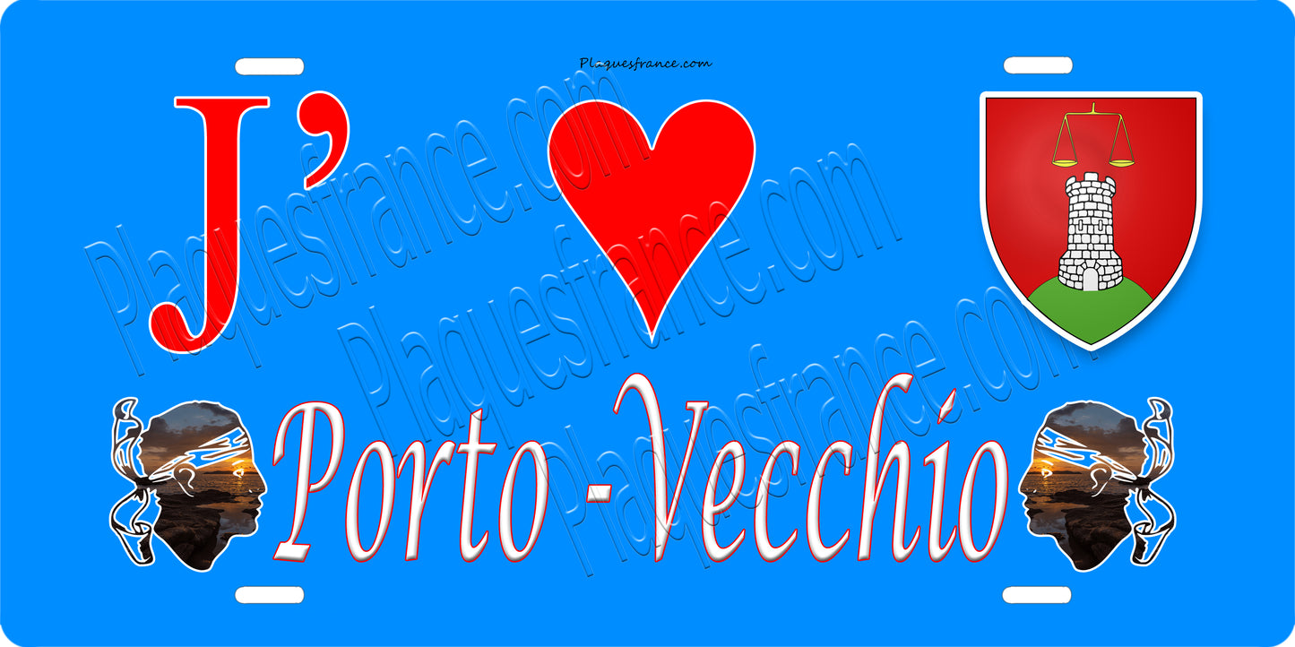 Plaque métal décorative 15 x 30 cm bleu J' ❤️ Porto-Vecchio canton du Grand-Sud Corse du Sud