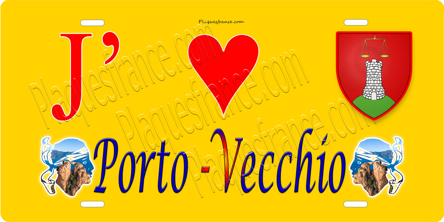 Plaque métal décorative 15 x 30 cm jaune J' ❤️ Porto-Vecchio canton du Grand-Sud Corse du Sud