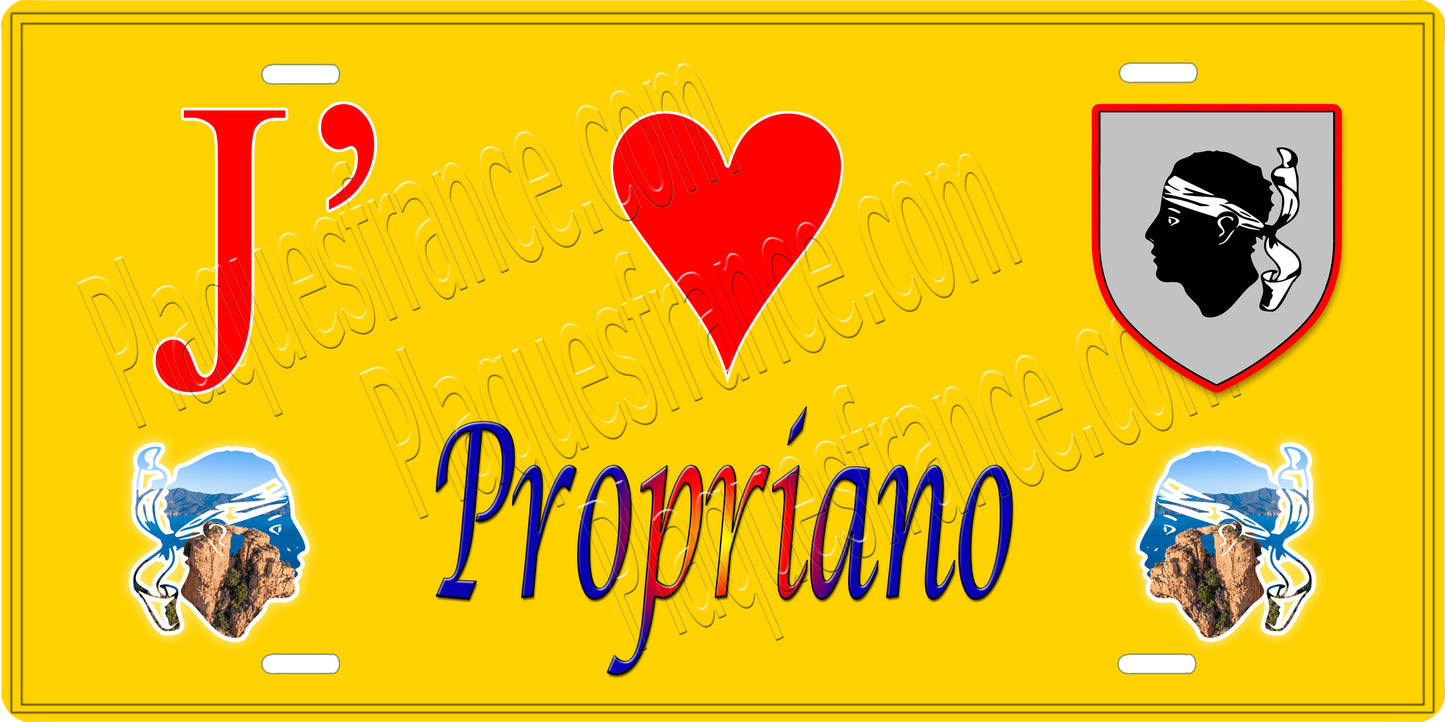 Plaque métal décorative 15 x 30 cm jaune J' ❤️ Propriano canton du Sartenais-Valinco Corse du Sud - Plaquesfrance.com