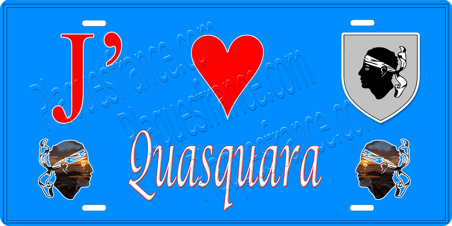 Plaque métal décorative 15 x 30 cm bleu J' ❤️ Quasquara canton de Taravo-Ornano Corse du Sud