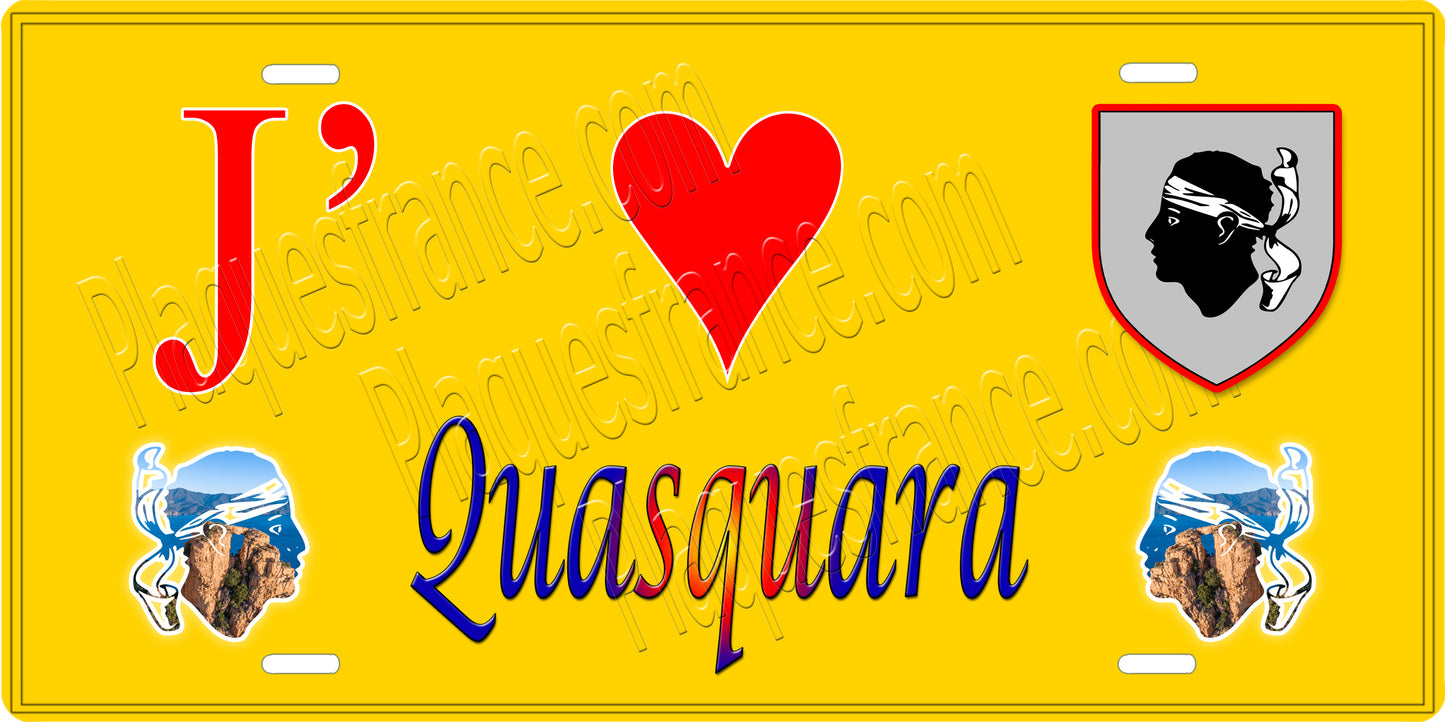 Plaque métal décorative 15 x 30 cm jaune J' ❤️ Quasquara canton de Taravo-Ornano Corse du Sud - Plaquesfrance.com