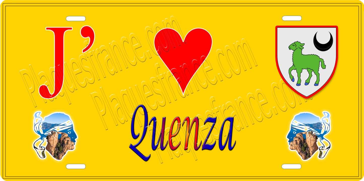 Plaque métal décorative 15 x 30 cm jaune J' ❤️ Quenza canton du Sartenais-Valinco Corse du Sud