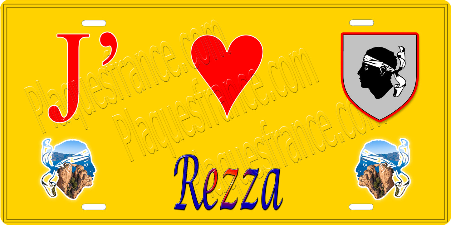 Plaque métal décorative 15 x 30 cm jaune J' ❤️ Rezza Canton de Sevi-Sorru-Cinarca Corse du Sud